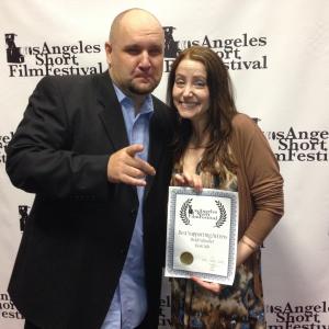 Heidi Schooler Wins Best Supporting Actress in film Desk Job Here with Los Angeles Short Film Festival founder Mark Mos