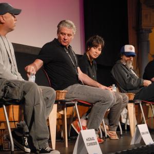 Schroeder with John Lyons (Focus Features), Larry Charles (Barat, Religulous) and Michael Moore on a Comedy Panel at the 2008 Traverse City Film Festival.