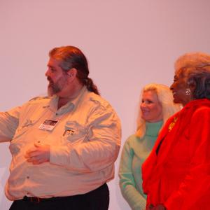 J Neil Schulman and Nichelle Nichols introduce the cast and crew at the screening of Lady Magdalenes 2008 Backlot Film Festival In background Kandi Blick