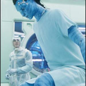 In a scene from James Camerons Avatar with Sam Worthington in his avatar body