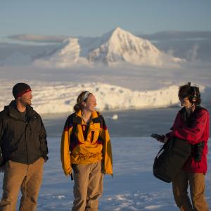 Dena interviewing scientist Dr. Reide Corbett at Palmer Station, Antarctica