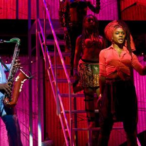 Sahr Ngaujah and Saycon Sengbloh and Catherine Foster in a scene from Fela! on Broadway
