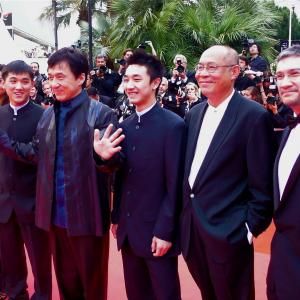 Cannes 08: Lead actors and makers of Wushu on the red carpet. (Left to Right) Colette Koo, Wang Wenjie, Jackie Chan, Liu Fengchao, John Sham and Antony Szeto