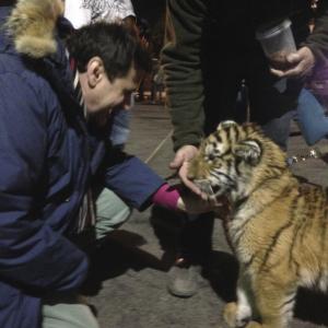 JD Shapiro and a Tiger buddy on the set of The Best Thanksgiving Ever