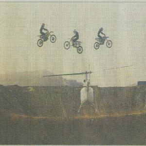 World Record 3 motorcycles jump over flying helicopter Pilot Rick & lead stunt motorcyclist Super Joe Reed