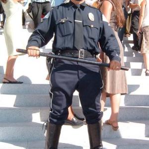 LOS ANGELES  JULY 31 Actorcharacter as a Metropolitan Los Angeles Police Motorcycle Police Officer is seen filming on HBO film Walkout on July 31 2005 at City Hall in Los Angeles California