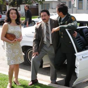 LOS ANGELES , CA - MAY 10: (L to R) Actress Juliet Ortiz character as soldier's mom, actor Alexander Sibaja character as sodlier's dad, and actor John Bryant Davila character as amputee soldier film on contemporary gospel singer Kirk Franklin's video Kirk 
