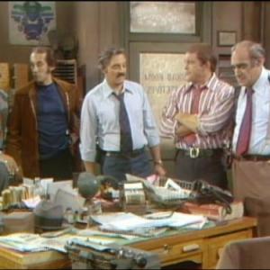 Still of Abe Vigoda Max Gail Ron Glass Hal Linden and Gregory Sierra in Barney Miller 1974