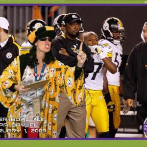 Trisha Simmons at the Steelers Superbowl in Tampa Bay with Mike Tomlin