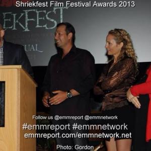 Sam Sleiman with Tarik Heitmann and Denise Gossett. Shriekfest acceptance speech.