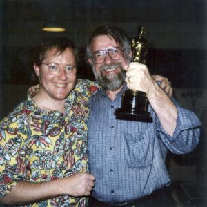 John Lasseter and Alvy Ray Smith with John's Oscar, 1984