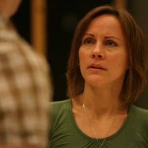 Rehearsal photo from the Goodman Theatre's production of THE CROWD YOU'RE IN WITH by Rebecca Gilman (with Coburn Goss)
