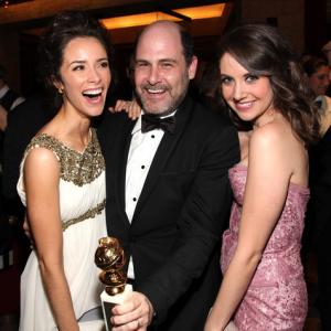 Actress Abigail Spencer, 'Mad Men' creator Matthew Weiner and actress Alison Brie attend AMC's Golden Globes viewing party at The Beverly Hilton Hotel on January 17, 2010 in Beverly Hills, California.