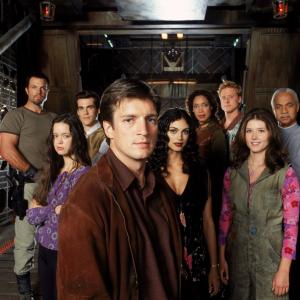 Still of Adam Baldwin, Nathan Fillion, Sean Maher, Jewel Staite, Gina Torres, Alan Tudyk and Morena Baccarin in Firefly (2002)