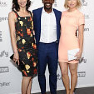 Lauren Stamile Chris Chalk and Beth Riesgraf attend the NBCUniversal Cable Entertainment Upfront at The Jacob K Javits Convention Center NYC  May 14 2015