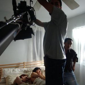 Director Ezra J. Stanley with Cinematographer Alejandro Wilkins and actors Michelle Grey and Max Phyo on the set of A Love In Progress.