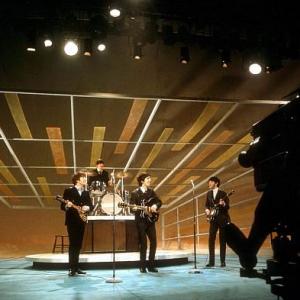 The Beatles ( John Lennon, Ringo Starr, George Harrison, Paul McCartney rehearsing for the Ed Sullivan Show,
