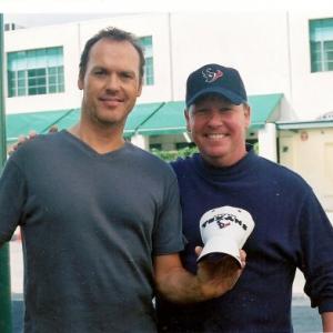 On the set of First Daughter with Michael Keaton Hes a devoted Pitt Steeler fan so he would NOT put on the Houston Texans cap!