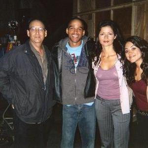 On the set of Crossing Jordan with director Alan Arkush Jill Hennessy and Camille Guaty