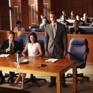 Still of Michelle Fairley, Gabriel Macht and Patrick J. Adams in Suits (2011)