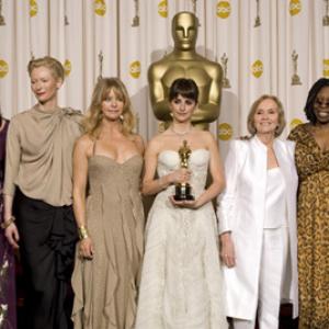 Academy Awardwinner Penelope Cruz center with presenters left to right Angelica Houston Tilda Swinton Goldie Hawn Eva Marie Saint and Whoopi Goldberg backstage at the 81st Academy Awards are presented live on the ABC Television network from The Kodak Theatre in Hollywood CA Sunday February 22 2009