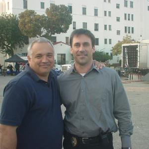 Screenwriter Glenn Taranto and star Jon Hamm (Tom Adkins) on the set of STOLEN