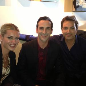 Michael Patrick Denis on set of King and Maxwell with Jon Tenney and Rebecca Romijn