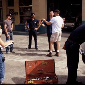 On the set of The Garage in Lockhart Tx Carl Thibault writerdirector setting up a scene with actors DP 1st AD and script supervisor
