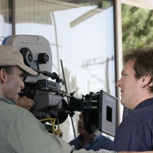 WriterDirector Carl Thibault and Adult Matt Martin Donovan going over a scene Present Day shoot Los Angeles