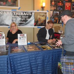 Chiller Theatre Parsippany NJ 102613 Monster Squad Reunionsigning autographs Not shown in photo Tom NoonanFrankenstein to the rightMike MacKayMummy to the left and Duncan RegehrDracula far left