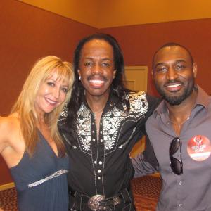 Constance & Adrian Holmes backstage with Earth, Wind & Fire's Verdine White.