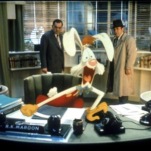 Still of Bob Hoskins Charles Fleischer and Alan Tilvern in Who Framed Roger Rabbit 1988