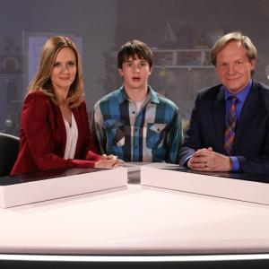 Still of Jonathan Torrens, Samantha Bee and Grayson Maxwell Gurnsey in Game On (2015)