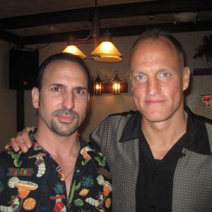 Oscar Torre with Woody Harrelson on the set of Rampart.