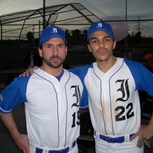 Oscar Torre with Shalim Ortiz playing cousins on the set of Cold Case
