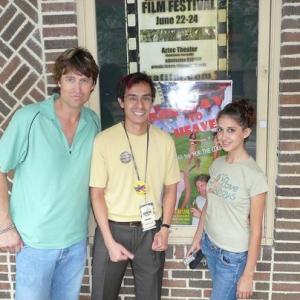 Director: Ryan Tower, SAUFF President: Adam Rocha, Actor: Serena Taylor outside Aztec Theatre in San Antonio, Texas.