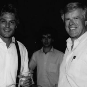 Harry Hamlin and Christopher Toyne share a light moment on the set of Dinner At Eight for TNT Alan Ravick in the background