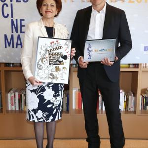 European Commissioner for Culture Androulla Vassiliou and Thomas Vinterberg attends Media Prize to Thomas Vinterberg during the 66th Annual Cannes Film Festival at Palais des Festivals on May 19, 2013 in Cannes, France.