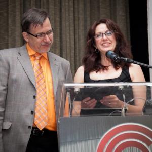 Actor Karen Waddell and Al Maciulus presenting at The Canadian Cinema Editor Awards 2012.