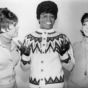 Deborah Walley James Brown and Yvonne Craig in Ski Party1965 AIP BDM Smiling 12 Length Sweater Cardigan Black and White Necklace Locket 1960s Style YvonneCraigmptv