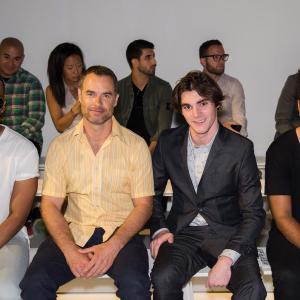 Actors Eric West Murray Bartlett and RJ Mitte sit front row at Perry Ellis during New York Fashion Week Mens SS 2016 at Skylight Clarkson Sq on July 16 2015 in New York City