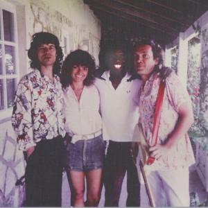 Mick Jagger Dixie Whatley Eddie Grant and GE Smith at Grants recording studio in Barbados