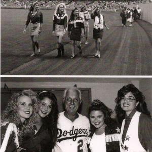 (Top) Jamie Lunar, Brooke Theiss, JoAnn Willette and Heather Langenkamp singing the National Anthem at a LA Dodger game as 
