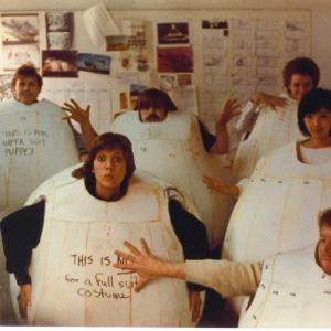The Stay-Puft Crew modeling the foam suits in mid-construction. Back row: William Bryan, Eric Fiedler, Terri Hardin Middle row: Diana Williams (Hamann), Etsuko Egawa Lower right: Marc Tyler at Boss Films, Culver City, CA.