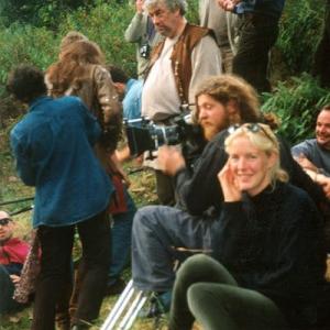 Crew filming Blazes first meeting with Merlin after the ambush Pictured with the crew are Gareth Thomas BLAZE Enrico Harvey second unit Director of Photography and Pippa Wilson asst makeup September 1997