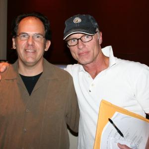 Woody Woodhall with Ed Harris recording voice over for a documentary film