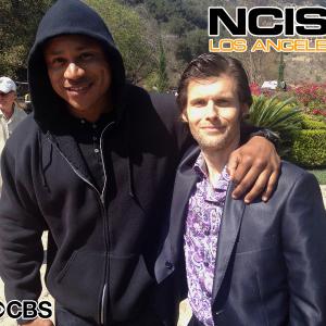 LL Cool J as Sam and guest star Stephen Wozniak as Tyler Brunson on CBSs NCIS LOS ANGELES between takes March 2014