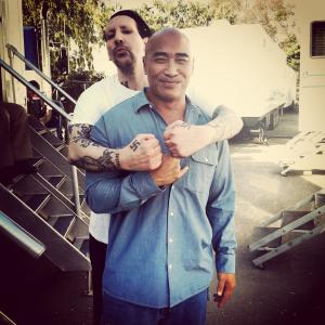 Marilyn Manson attempts to bear hug Ron Yuan after filming Sons of Anarchy Eps Red Rose