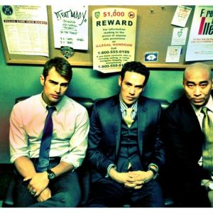 Theo James Kevin Alejandro and Ron Yuan in between takes on CBS Golden Boy