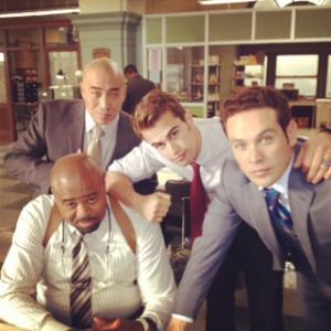 Ron Yuan, Chi McBride, Theo James, Kevin Alejandro on the set of 